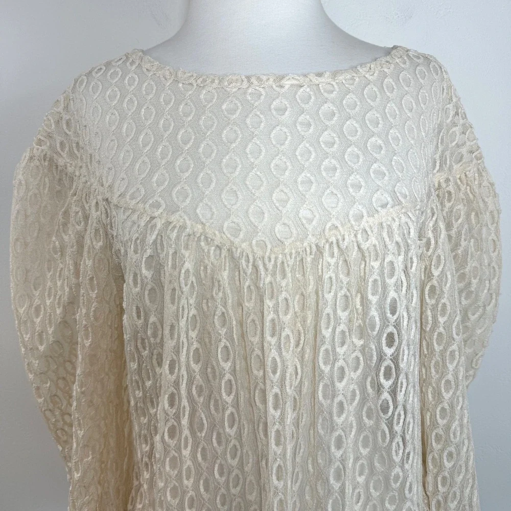Zara Lace Blouse Cream Puff Sleeve Sheer Textured‎ Boho Peasant Coquette Top S